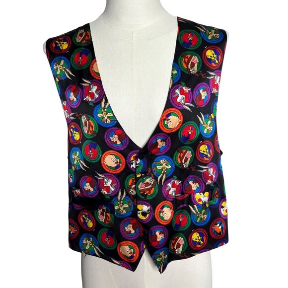 Vintage 90s Looney Tunes Mania Silk Vest Large Black Bugs Bunny Tweety Taz - Picture 1 of 6